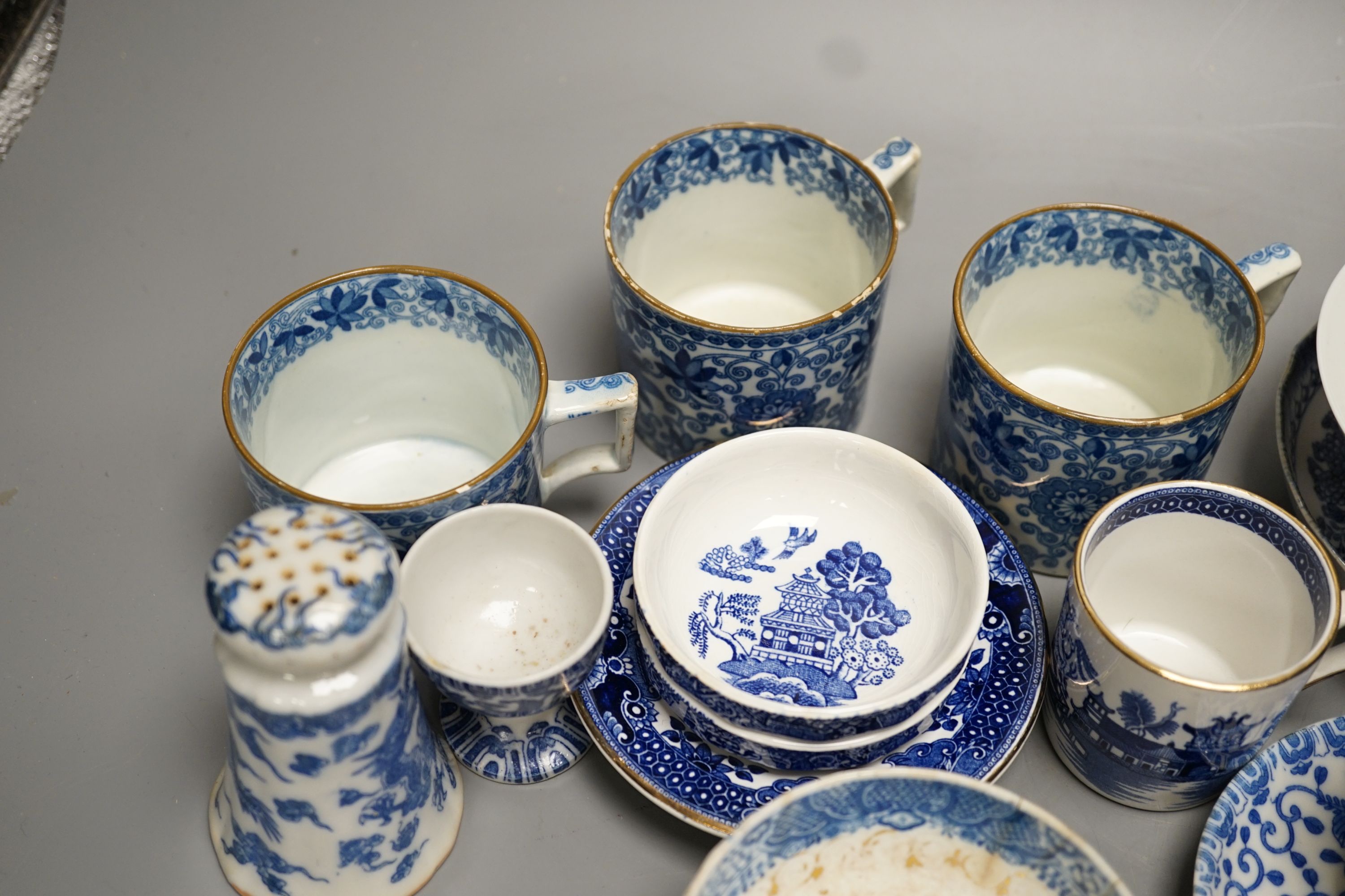 Mixed blue and white tableware including Burleigh ware, Wood’s and other 19th century blue and white china